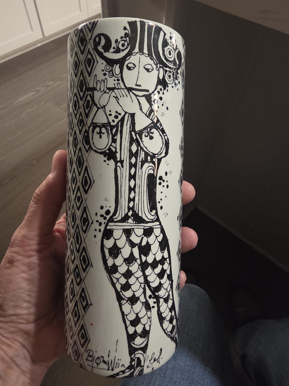 Bjorn Wiinblad Black and White Ceramic Cylinder Vase 1970s